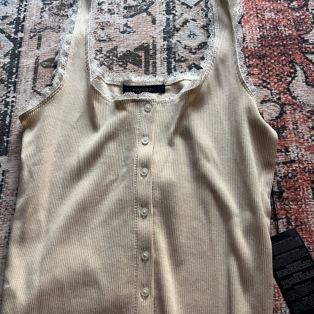 Cream Ribbed Tank Top with Lace Trim